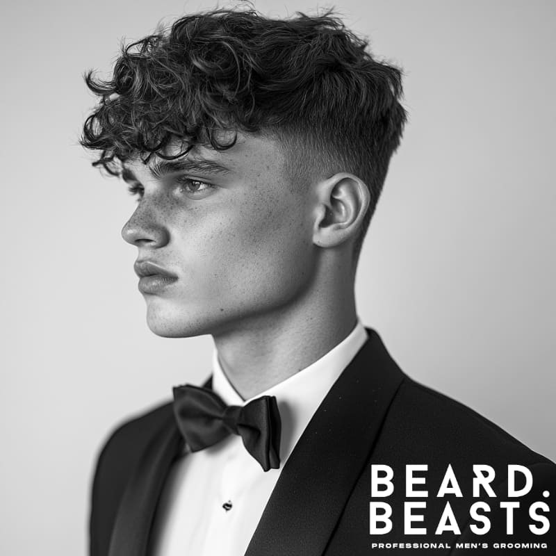 Young man wearing a tuxedo with a messy fringe prom hairstyle, featuring textured curls and tapered sides for a relaxed yet stylish look.