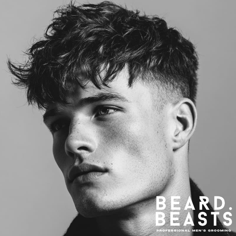 Messy textured fringe haircut with voluminous, tousled layers and a clean fade on the sides. A modern, carefree look perfect for a natural, effortless style.