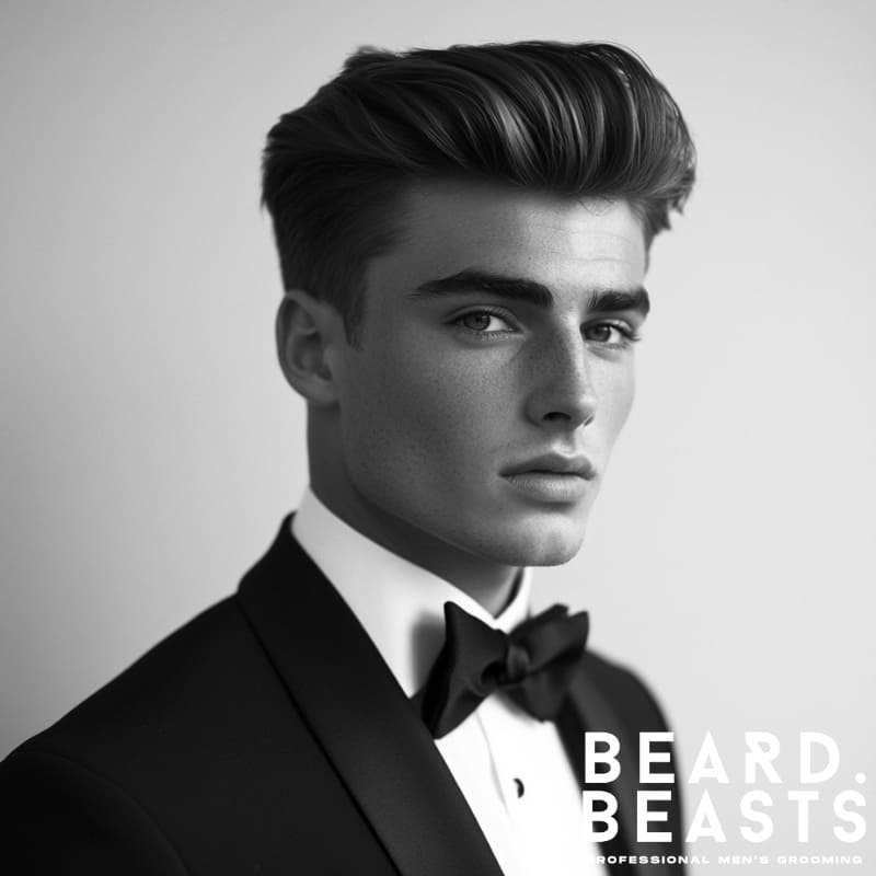 Young man with a modern quiff hairstyle wearing a tuxedo on prom night, featuring voluminous styled top and neatly tapered sides.