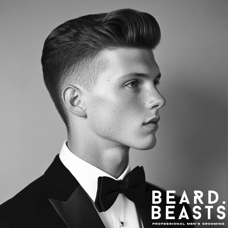 Young man in a tuxedo with a pompadour fade prom hairstyle, featuring a sculpted top and faded sides for a sleek, timeless look.