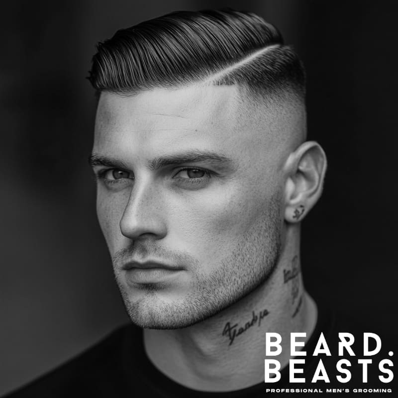 Sharp side part high skin fade haircut on a stylish man with light beard and neck tattoos, clean men's grooming by Beard Beasts
