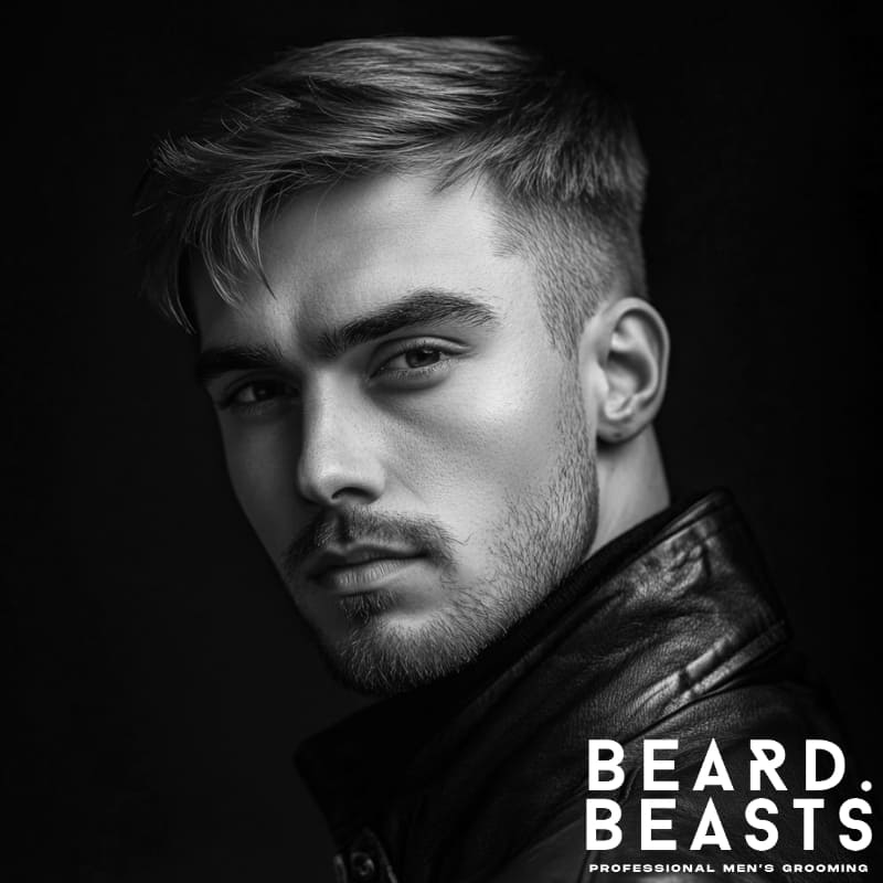 Man with a stylish side-swept fringe haircut, wearing a leather jacket, looking confidently at the camera in a black and white portrait.