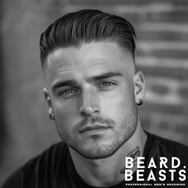Portrait of a stylish man with a slick back high skin fade haircut, clean beard, and neck tattoo, modern men's grooming by Beard Beasts