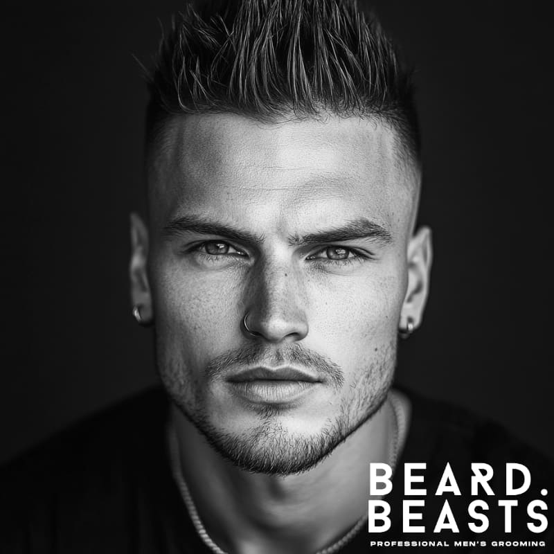 Man with spiky textured hairstyle and sharp high skin fade, intense gaze and earrings – Beard Beasts edgy modern haircut inspiration