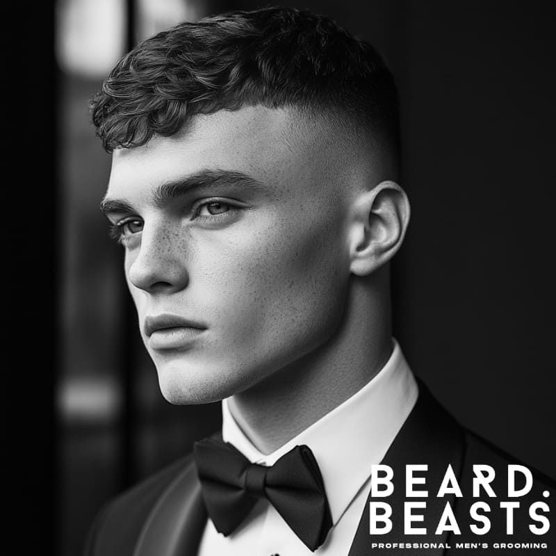 Young man with a textured crop fade hairstyle in a tuxedo on prom night, featuring short choppy top and high skin fade sides.