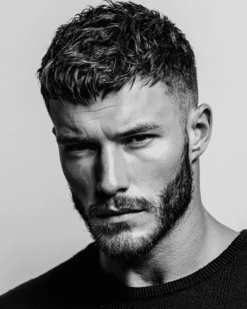 textured cropped fringe paired with a short beard