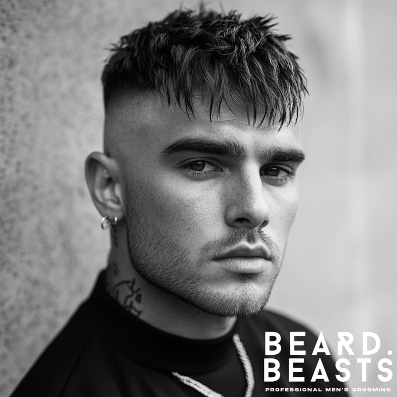 Black and white portrait of a man with a textured fringe crop—one of the edgiest men’s summer haircuts for breathable, low-maintenance style.