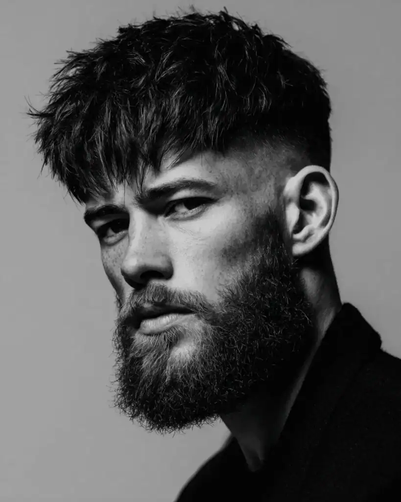 textured fringe paired with a full beard