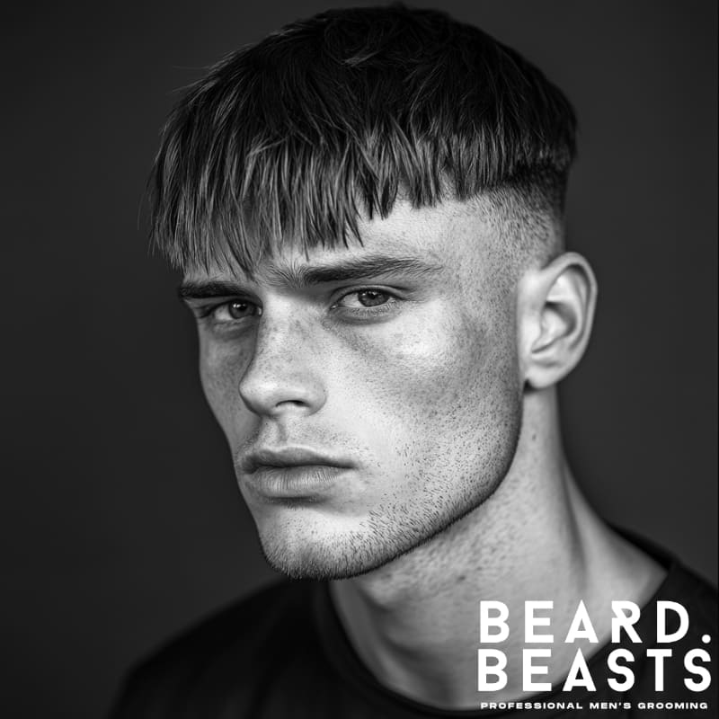 Black and white portrait of a man with a textured long Caesar haircut featuring a messy fringe and high skin fade.