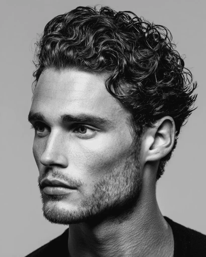 Textured slick back for curly hair on a man with defined curls swept back from the forehead