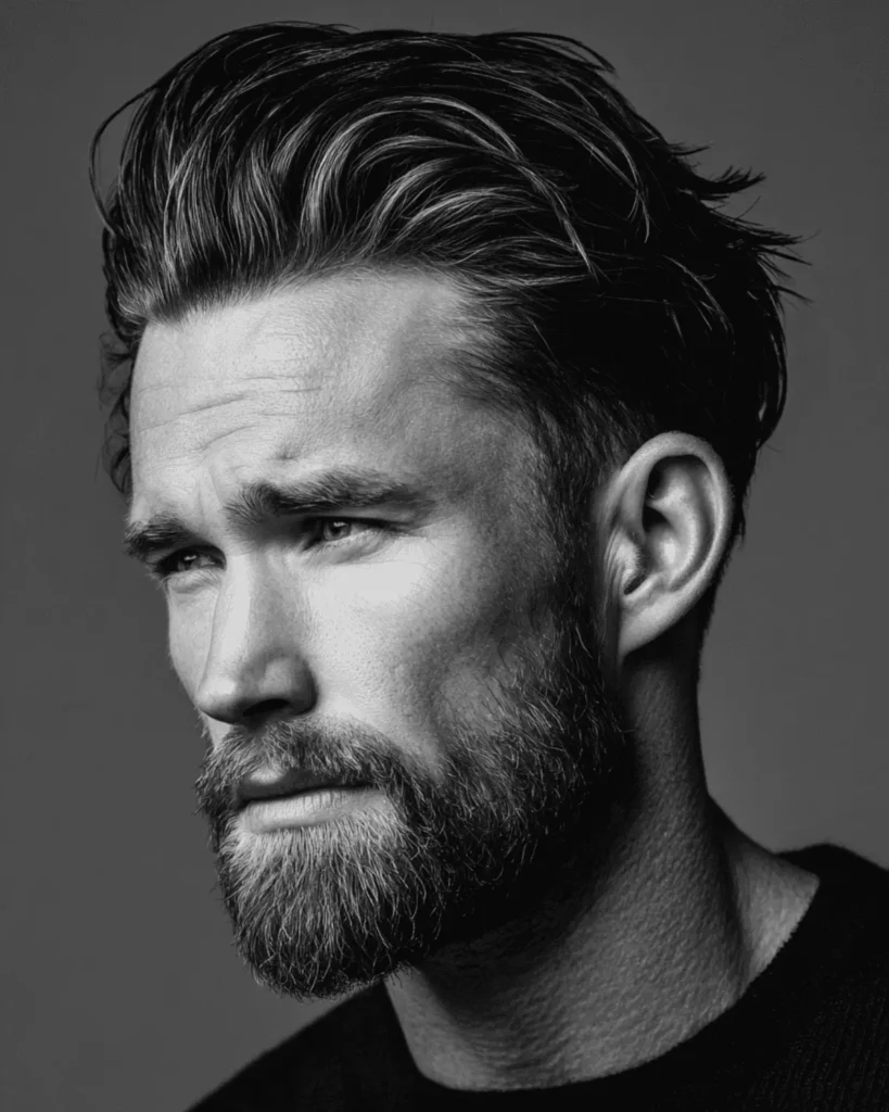 Textured slick back with full beard on a man with swept-back hair and defined texture