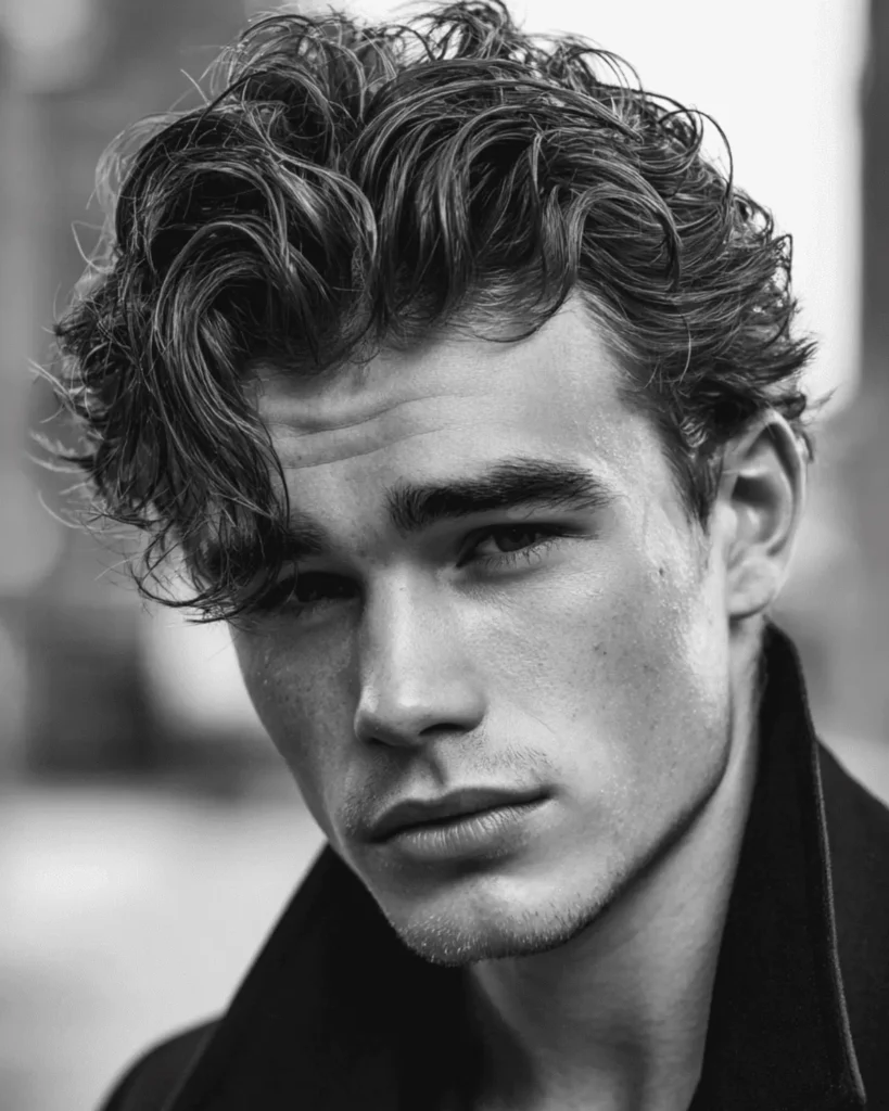 Textured slick back for wavy hair on a man with loose natural movement and swept-back texture