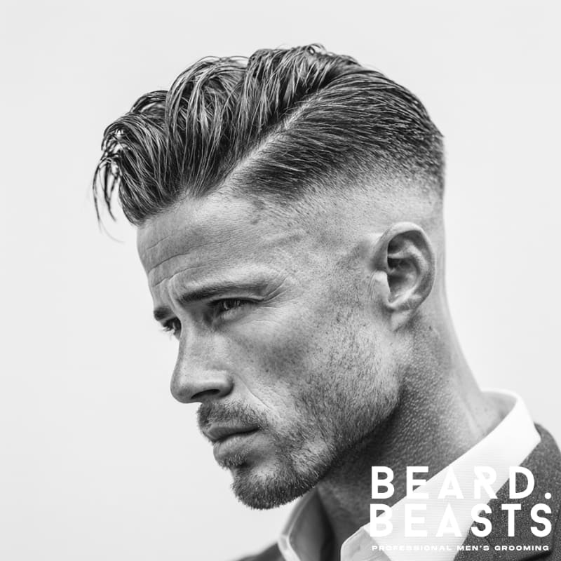 Textured slick back with hard part hairstyle for men, featuring a sharp contrast between the voluminous top and faded sides.
