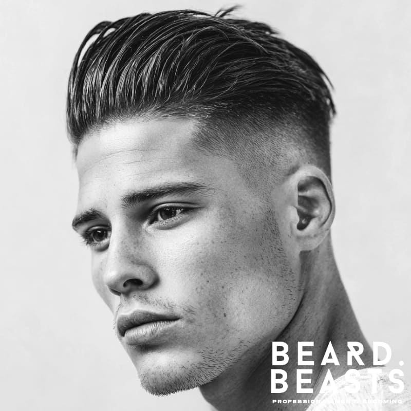 Textured slick back with undercut hairstyle for men, featuring voluminous top and clean, faded sides.