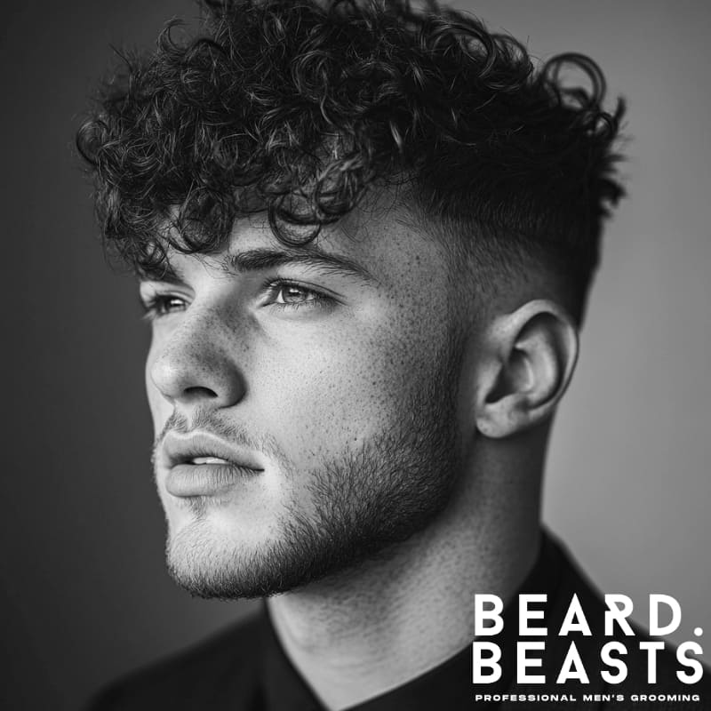 Young man with a curly undercut and textured fringe, featuring defined curls and a tapered fade for a modern, clean finish.