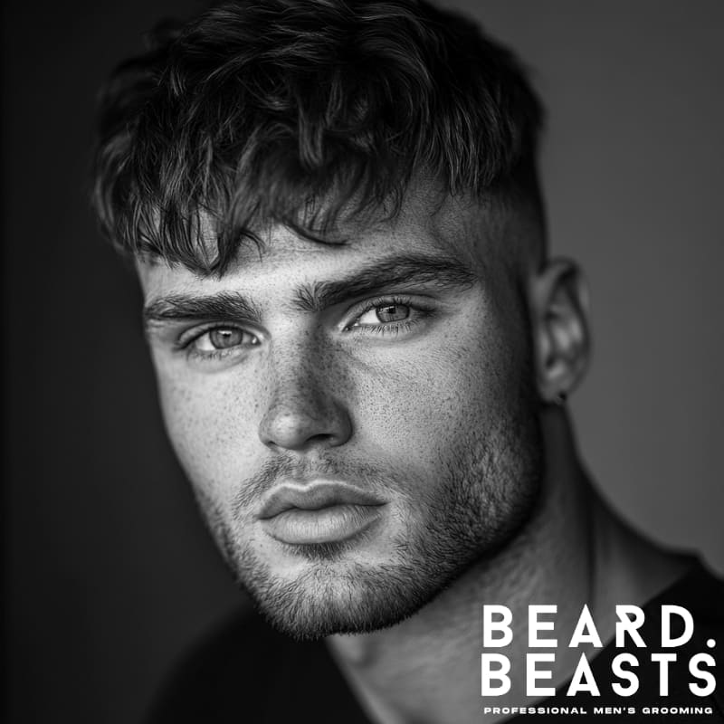 Man with a tousled long Caesar, featuring messy fringe, textured layers, and a soft fade for a casual, modern look.