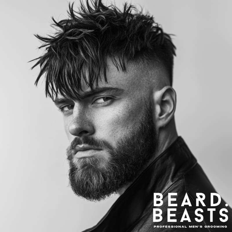 Undercut textured fringe haircut with voluminous, spiked texture on top and a clean fade on the sides. A bold, high-contrast style that adds definition and modern flair.