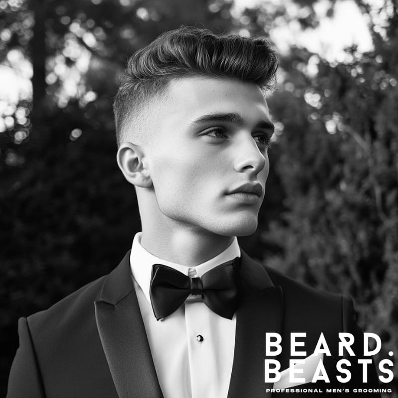 Young man in a tuxedo with an undercut prom hairstyle featuring short sides and voluminous, styled top for a bold, confident prom look.