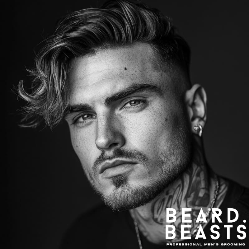 Man with wavy comb over and high skin fade haircut, light facial stubble and neck tattoos – modern textured hairstyle inspiration by Beard Beasts
