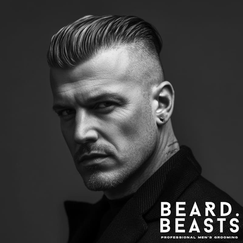 Black and white portrait of a man with a modern Arthur Shelby haircut, featuring a slicked-back top and high disconnected undercut.