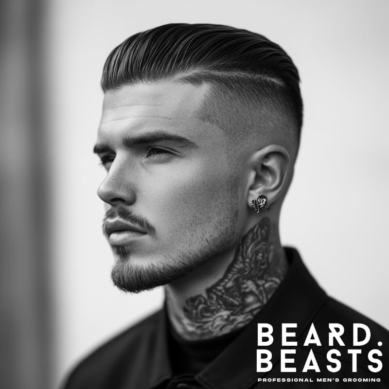 Side portrait of a man with a modern Arthur Shelby faded undercut, featuring a slicked-back top and clean skin fade in black and white.