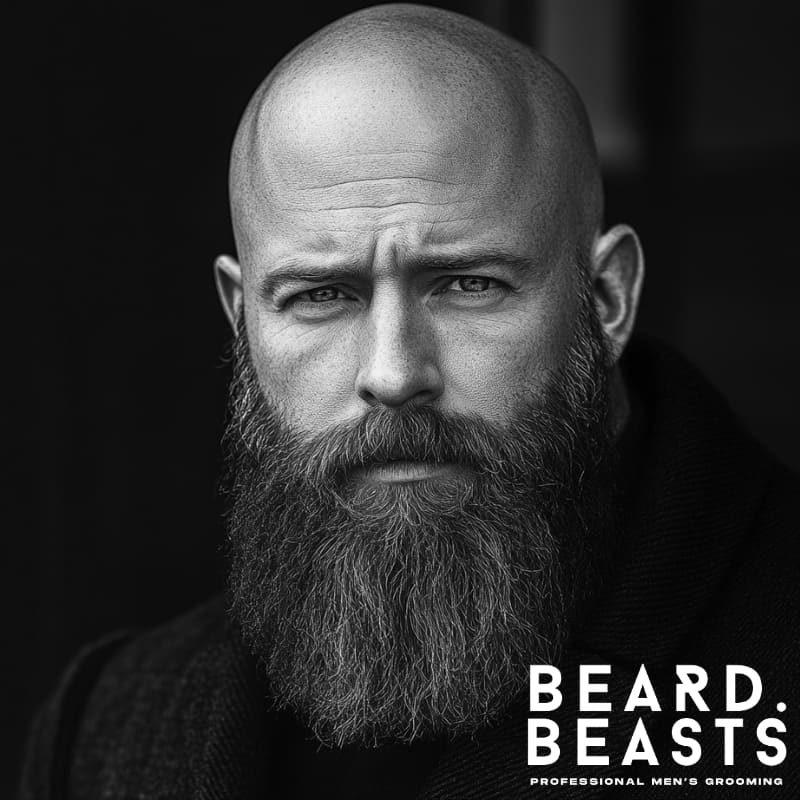 Confident bald man with a full beard wearing a dark coat—showcasing one of the best beard styles for bald guys.