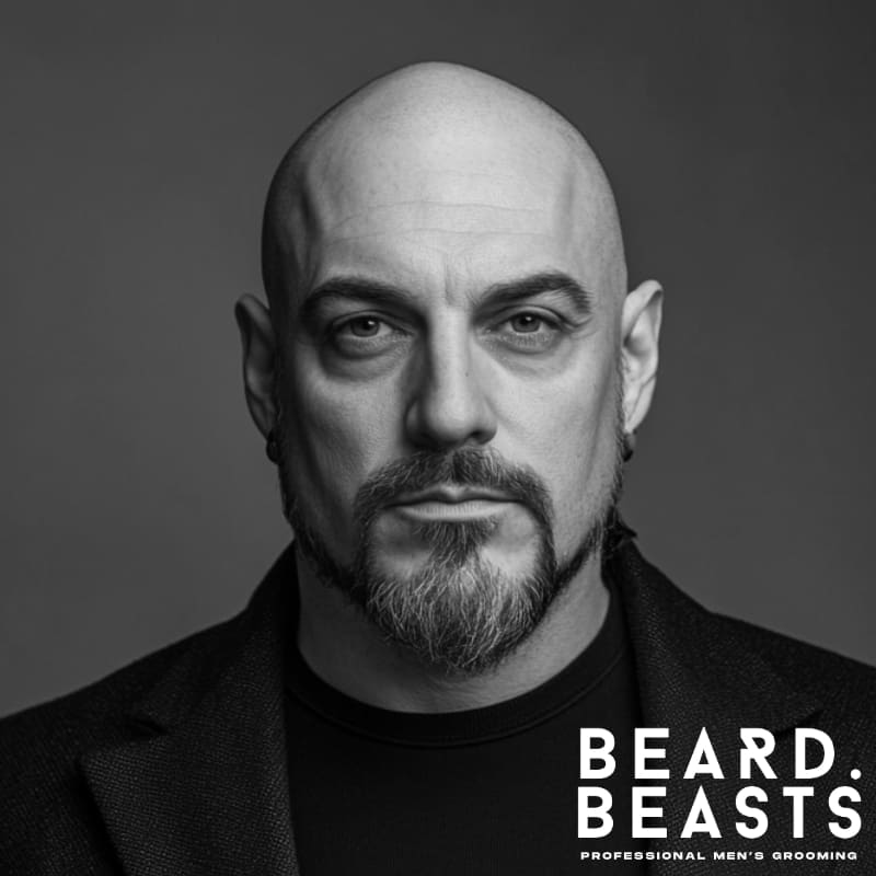 Bald man with a connected goatee and clean cheeks—highlighting a refined goatee beard style