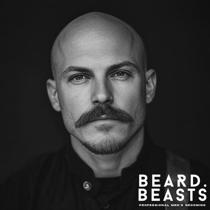 Bald man with a thick, styled mustache and clean-shaven face—showcasing a bold mustache-only look for bald guys.