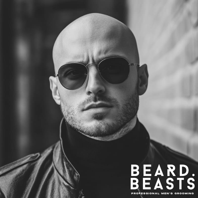 Bald man with light stubble and sunglasses—showcasing a clean, effortless look.