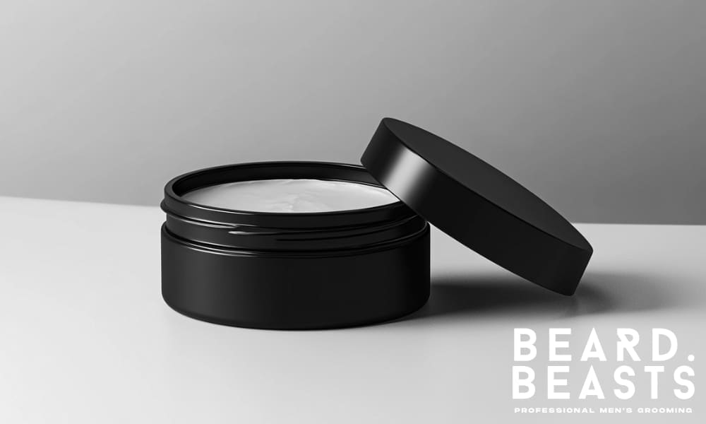 Matte black jar of men’s hair paste on a clean, neutral surface—representing high-quality product selection for different hair types.