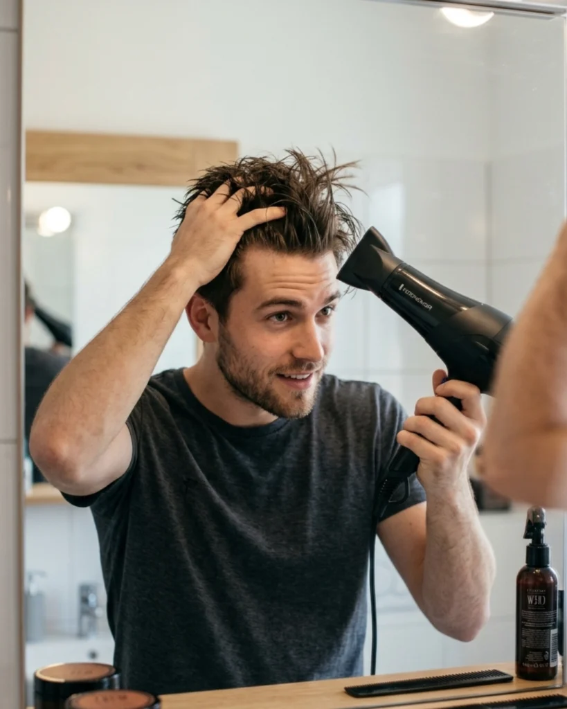Man lifting his roots while blow-drying his hair for volume