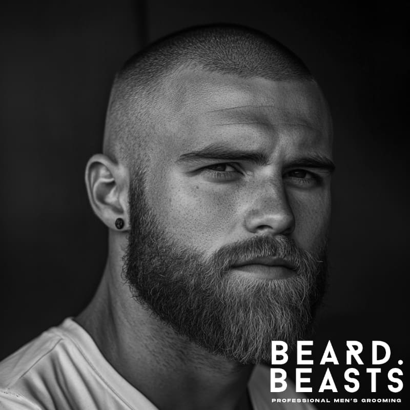 Black and white image of a man with a buzz cut fade and full beard, showing a clean, masculine profile.