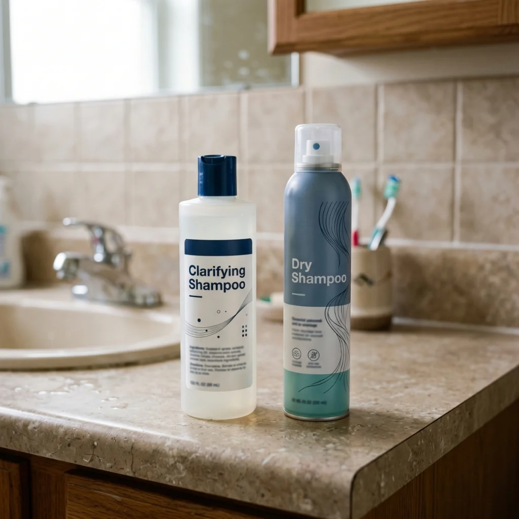 Clarifying shampoo and dry shampoo side by side