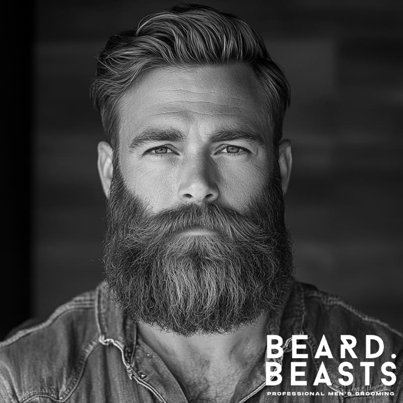 Man with a full Garibaldi beard and clean side-part hairstyle wearing a denim shirt—showcasing classic rounded shape and thick volume.