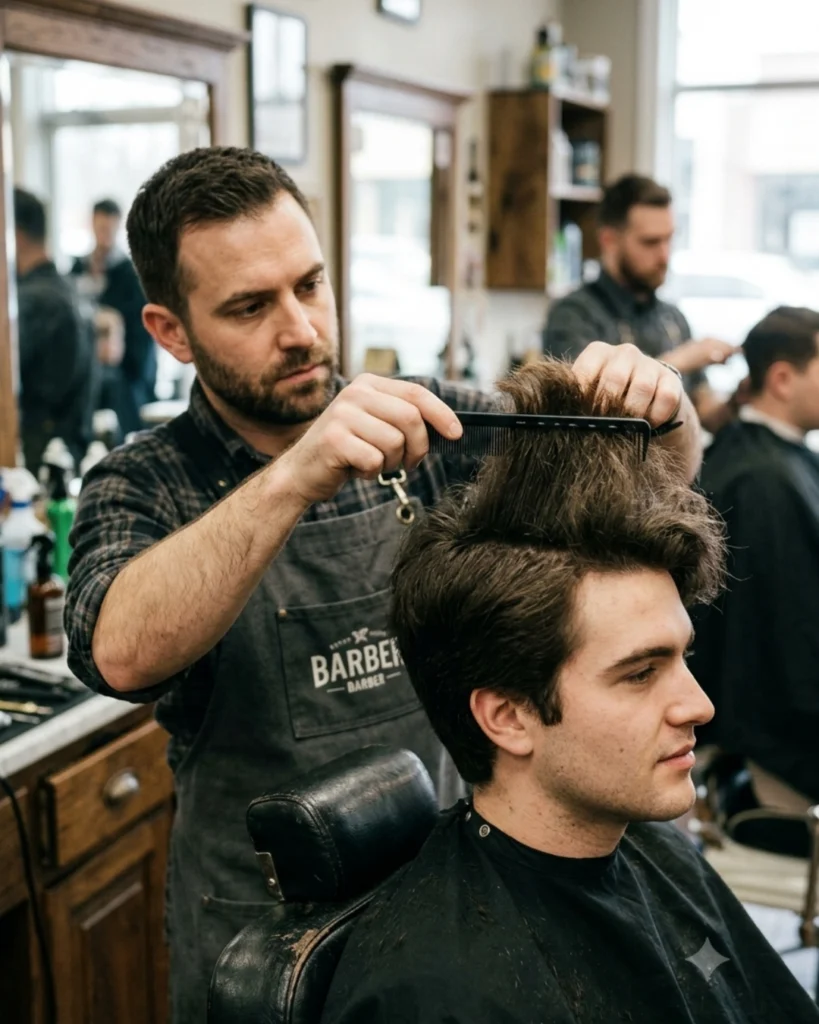 Barber checking excess weight through the sides of a man's haircut