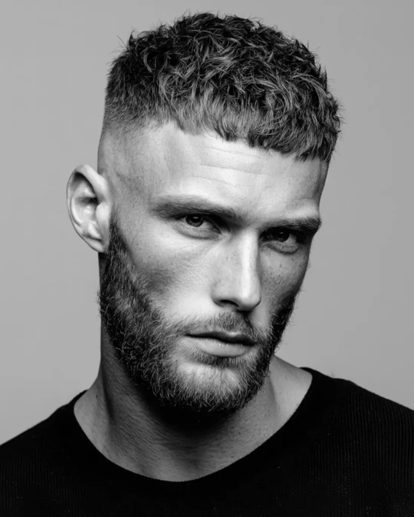 French crop with a skin fade and beard, showing a short blunt fringe with shaped facial hair.