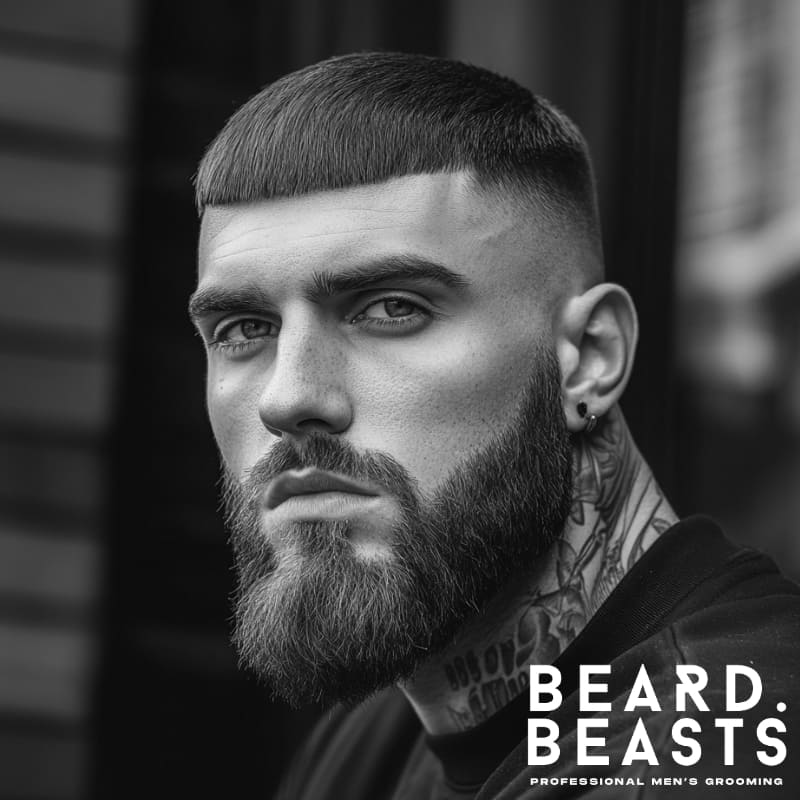 Black and white image of a man with a French crop and full beard, featuring a blunt fringe and high skin fade—one of the best short haircuts for men with beards.