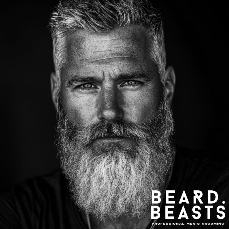 Older man with thick grey full beard and swept-back hair, representing a bold and timeless grooming style for mature men.