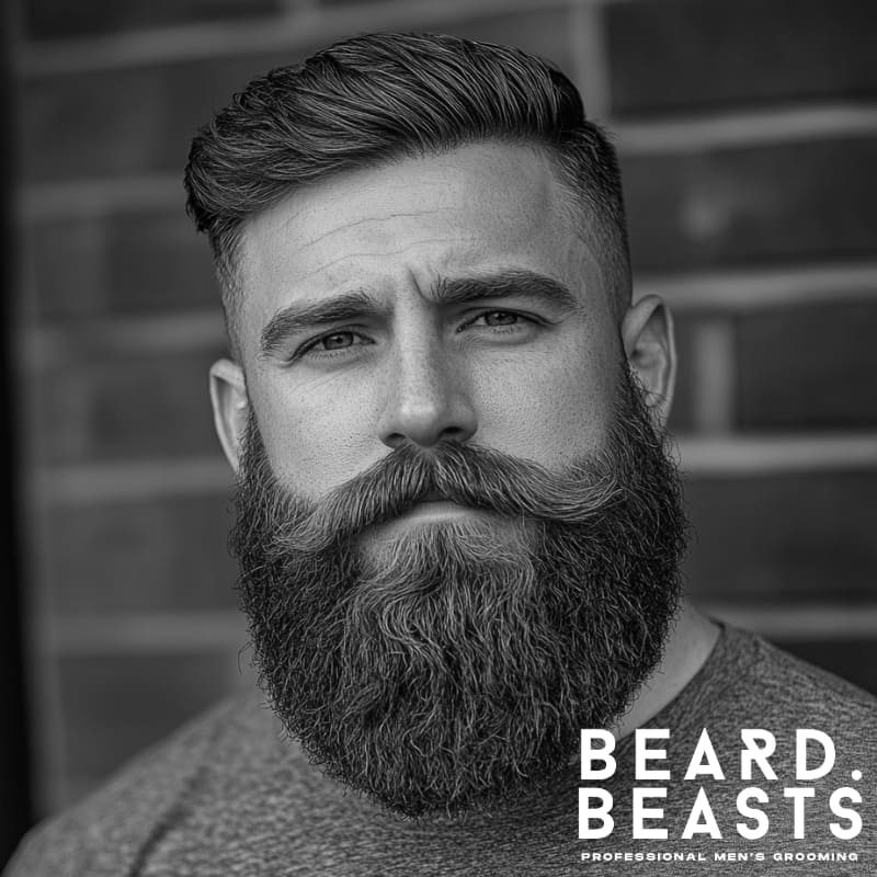 Man with a full beard and subtle low fade, paired with a sculpted mustache—balancing modern and traditional grooming.