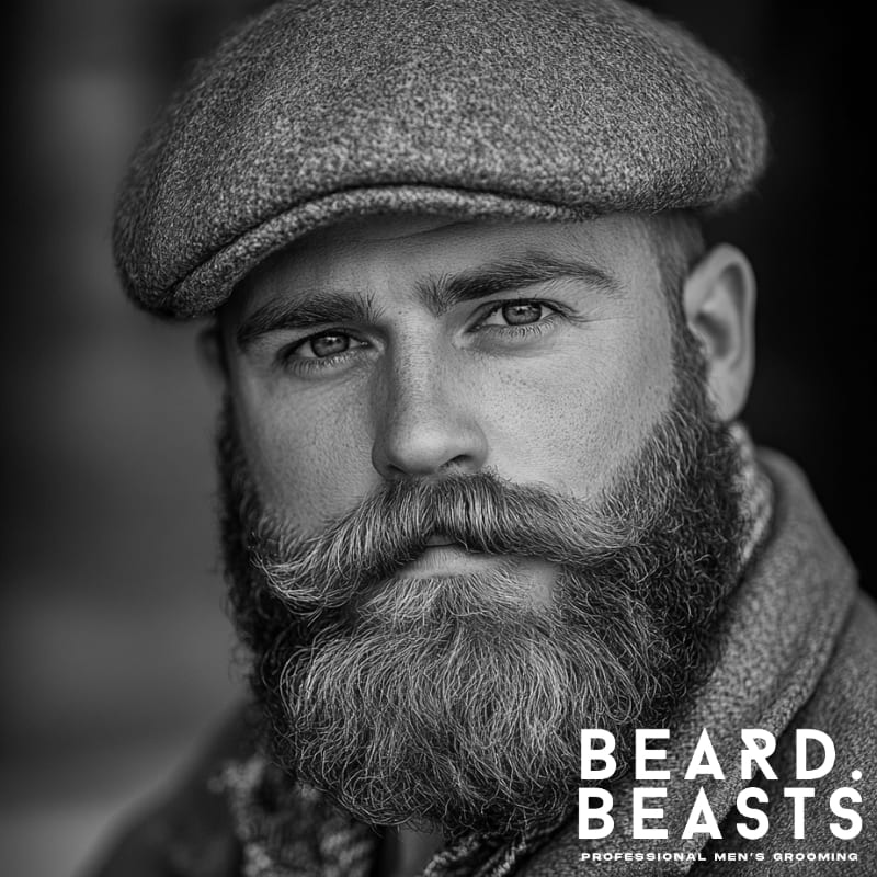 Confident man with a full Garibaldi beard and styled mustache wearing a flat cap and winter coat—showcasing a classic rounded beard shape.