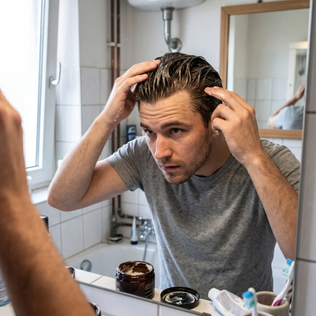 Man applying styling product to oily hair
