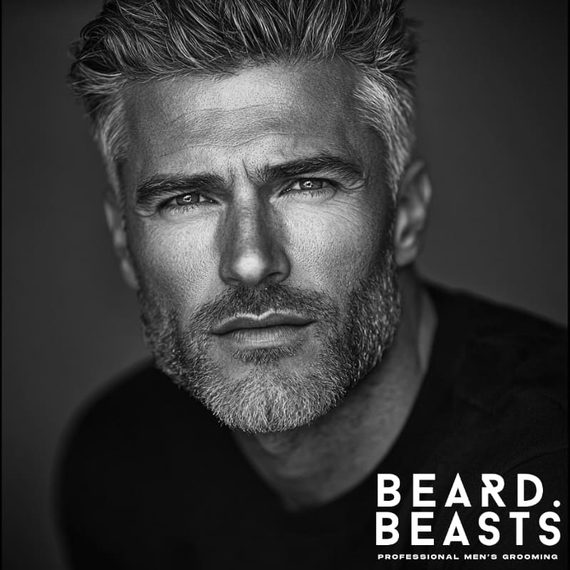 Older man with salt-and-pepper hair and a heavy stubble beard, showcasing a clean, rugged look ideal for mature masculine style.