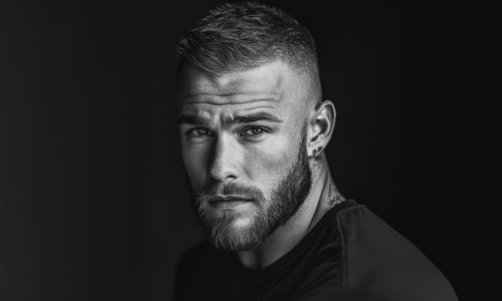 Modern high and tight haircut with full beard on a rugged man, showcasing sharp short haircut and beard style combo