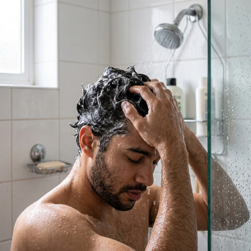 Man washing oily hair and shampooing his scalp