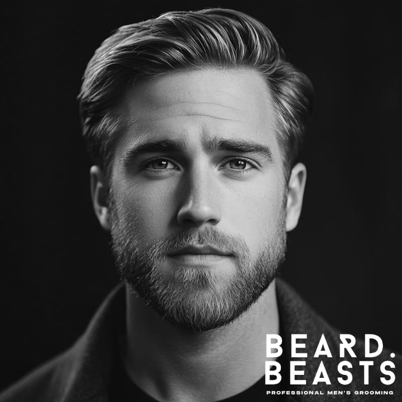 Portrait of a man with an Ivy League haircut and a neatly groomed beard, featuring a classic side part and subtle volume.