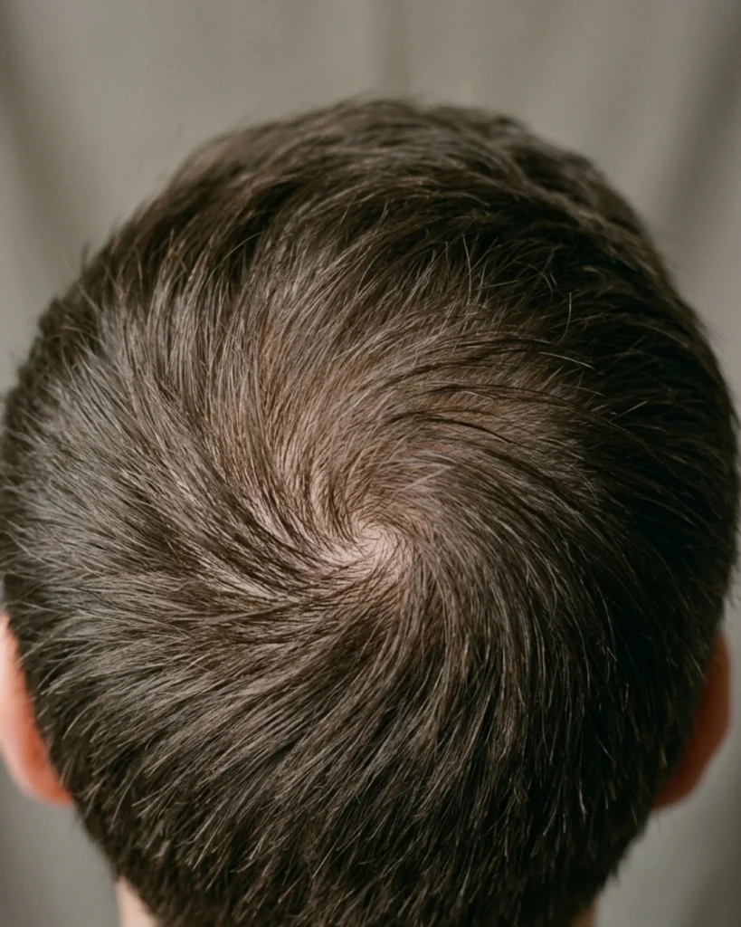 Natural cowlick and hair growth pattern at the crown of a man's head