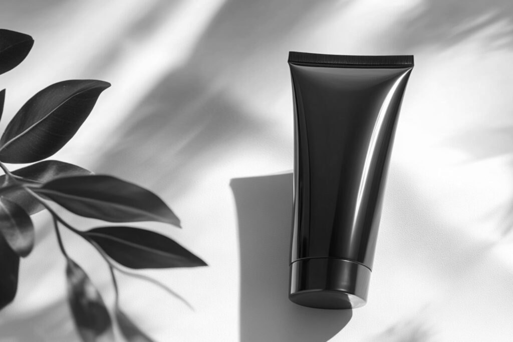 Dark green tube of hair gel styled with natural leaf shadows, sleek packaging ideal for high-hold needs