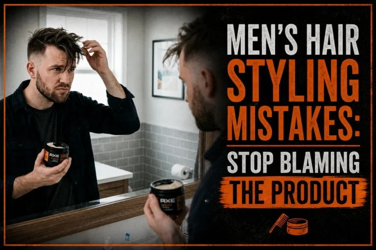 Man examining a failed hairstyle while holding an open jar of hair clay