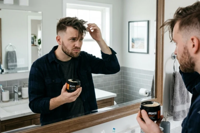 Man examining a failed hairstyle while holding an open jar of hair clay