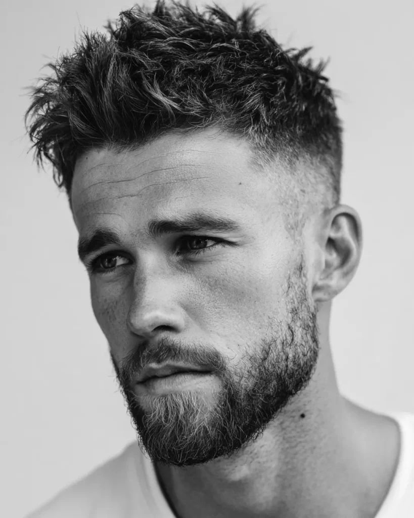 Messy short hair with a faded side and beard, showing texture on top with a shaped beard underneath.
